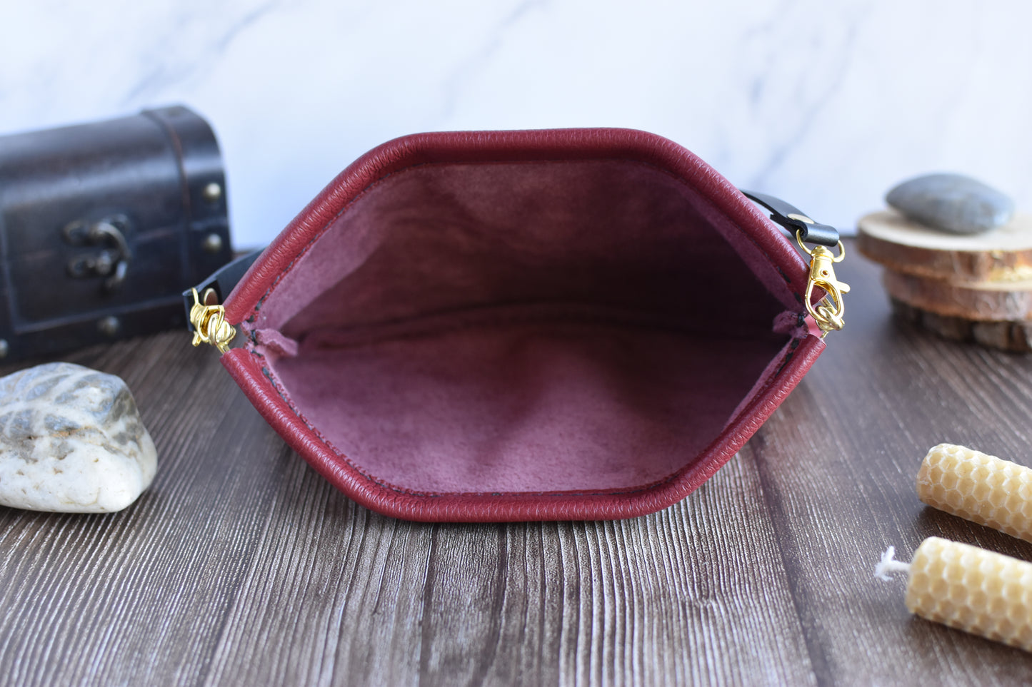 Spring Frame Small Red Brick colored Leather Purse with adjustable crossbody Strap