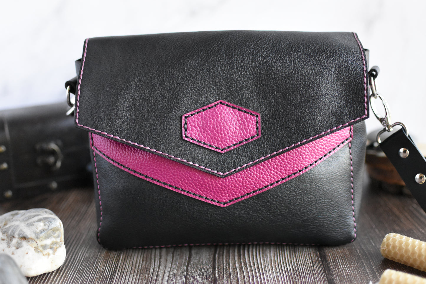 Black & Pink Leather Purse with adjustable strap