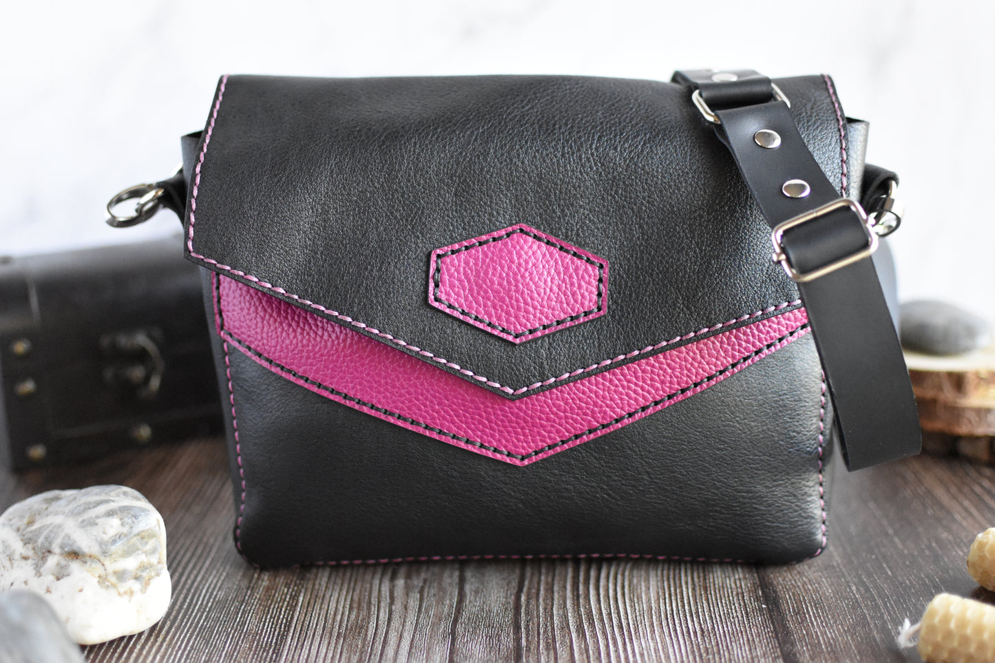 Black & Pink Leather Purse with adjustable strap