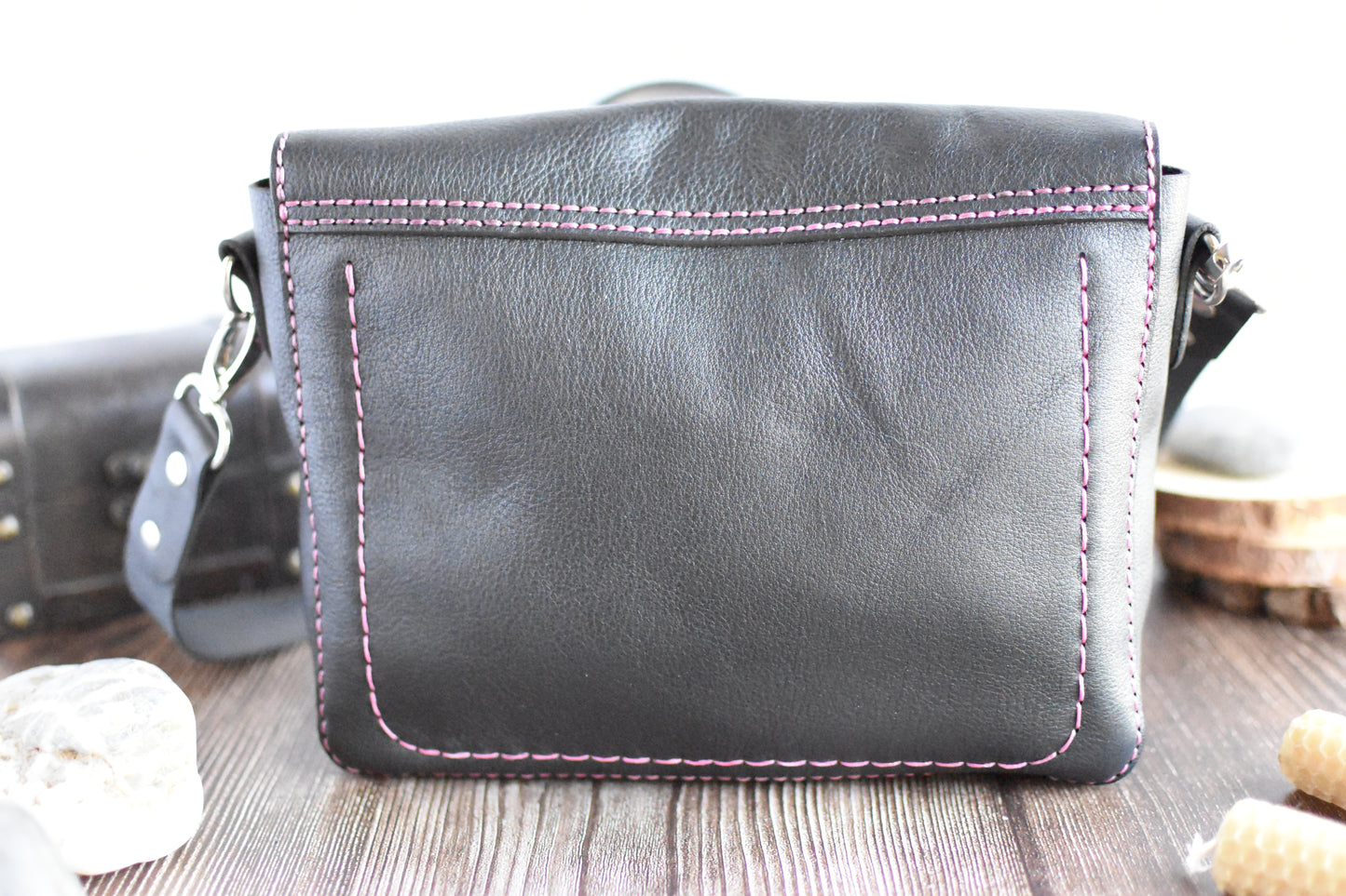 Black & Pink Leather Purse with adjustable strap