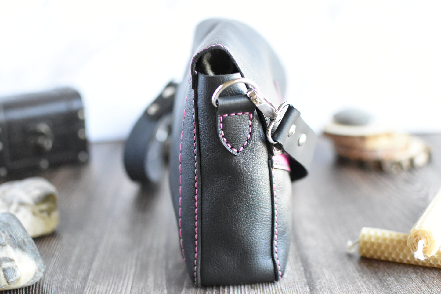 Black & Pink Leather Purse with adjustable strap