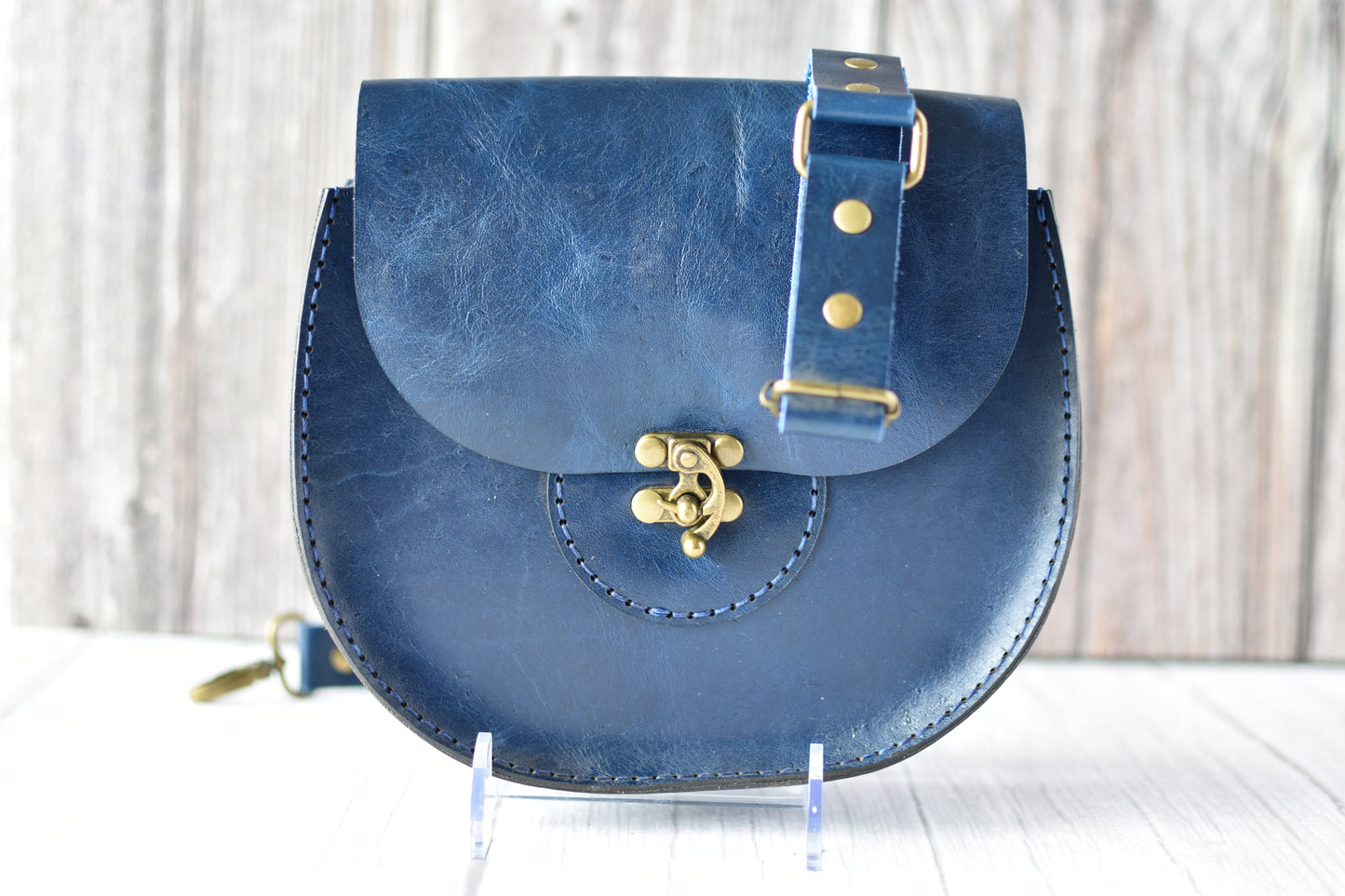 Handcrafted Navy Blue Leather Saddle Purse – Artisan Mini Crossbody Bag