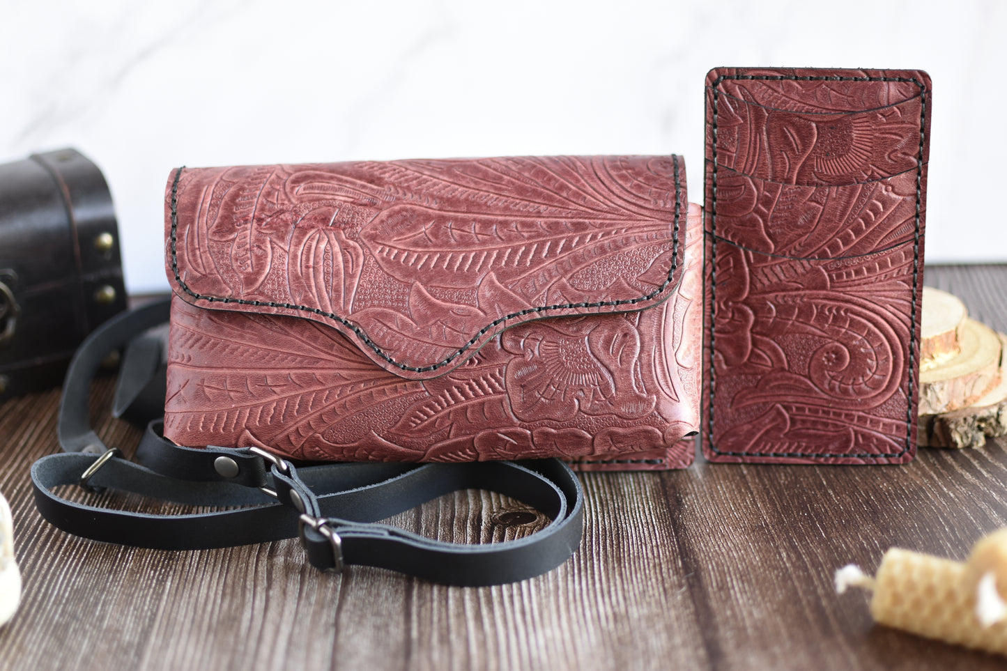 Brick Red Embossed Leather Cellphone Purse