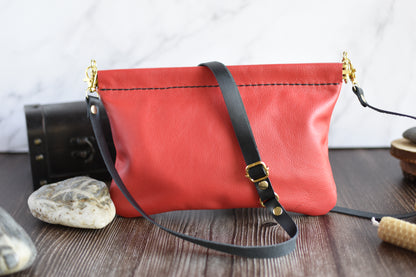 Spring Frame Small Red Leather Purse with adjustable crossbody Strap