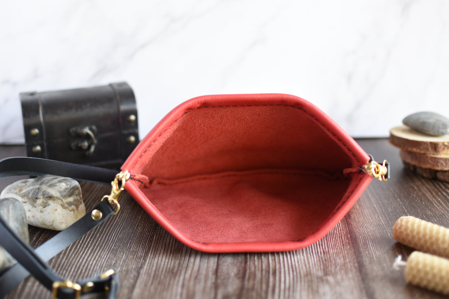 Spring Frame Small Red Leather Purse with adjustable crossbody Strap