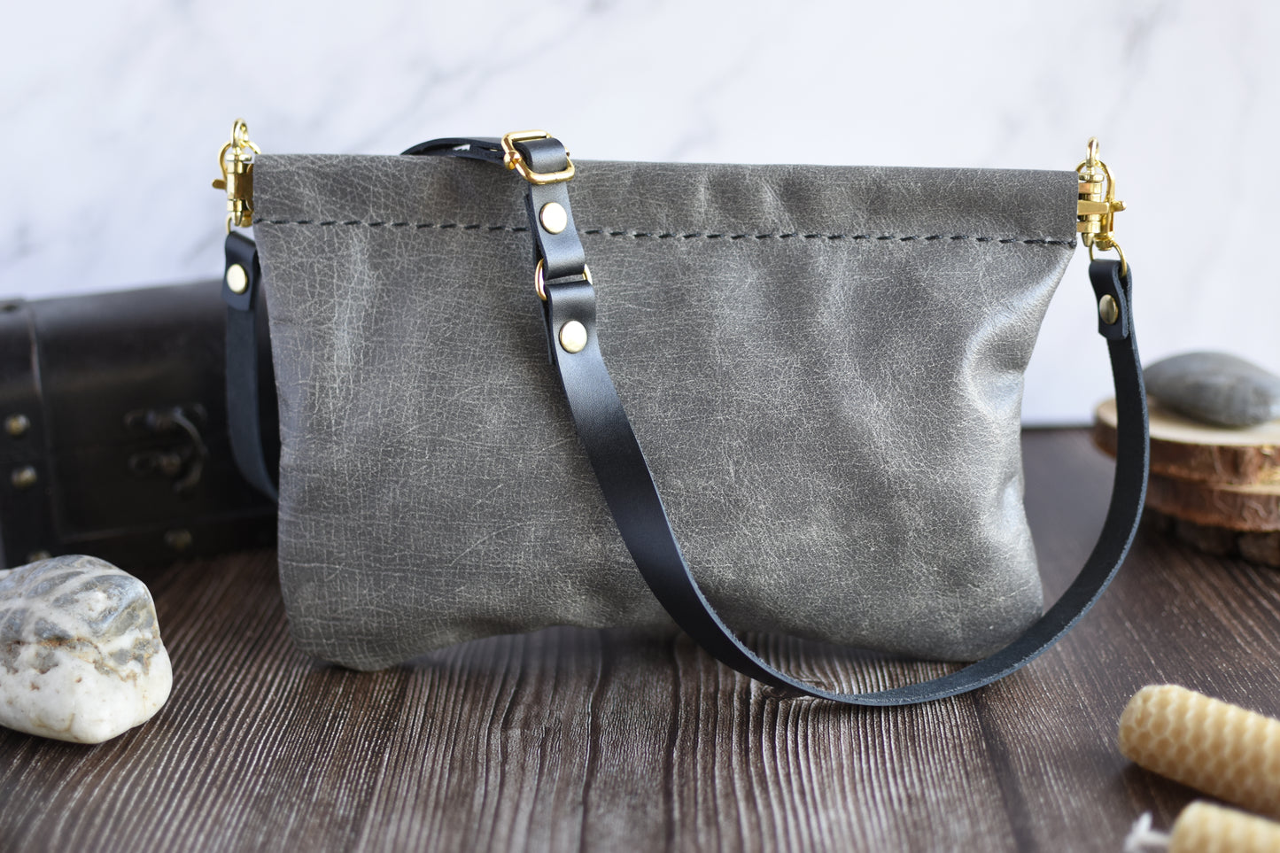 Spring Frame Small Grey Leather Purse with adjustable crossbody Strap