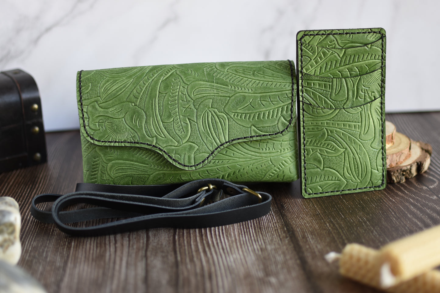 Green Embossed Leather Cell Phone Purse