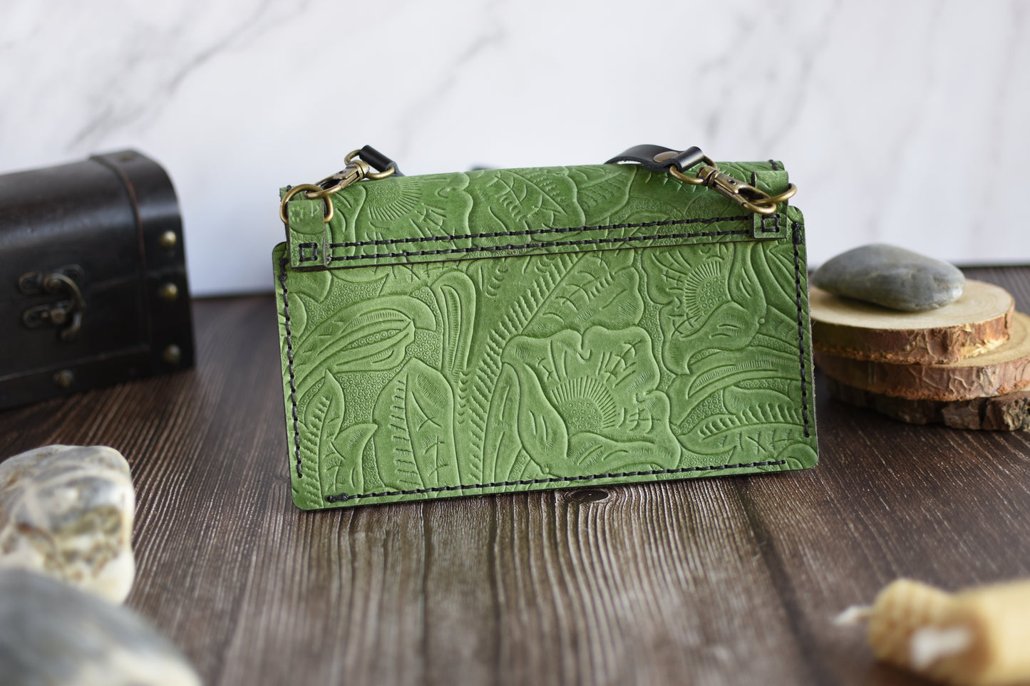 Green Embossed Leather Cell Phone Purse