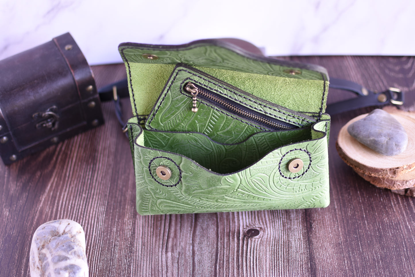 Green Embossed Leather Cell Phone Purse