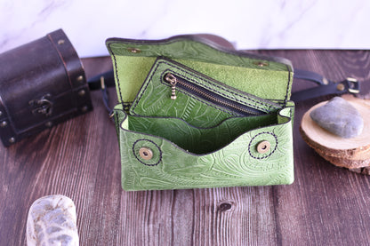 Green Embossed Leather Cell Phone Purse