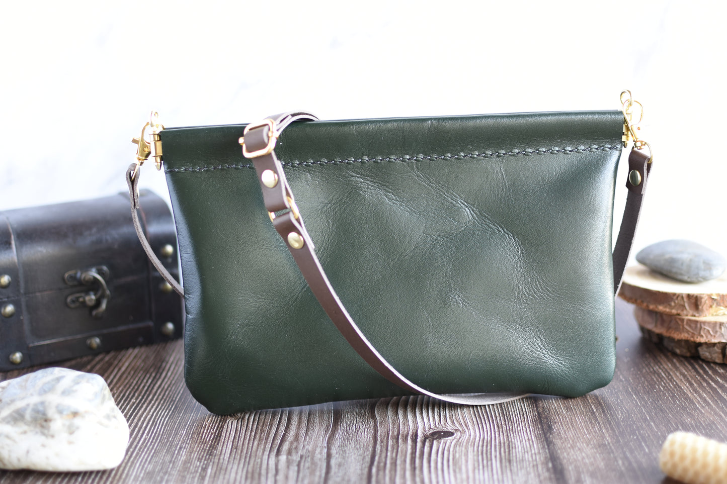 Spring Frame Small Hunter Green Leather Purse with adjustable crossbody Strap