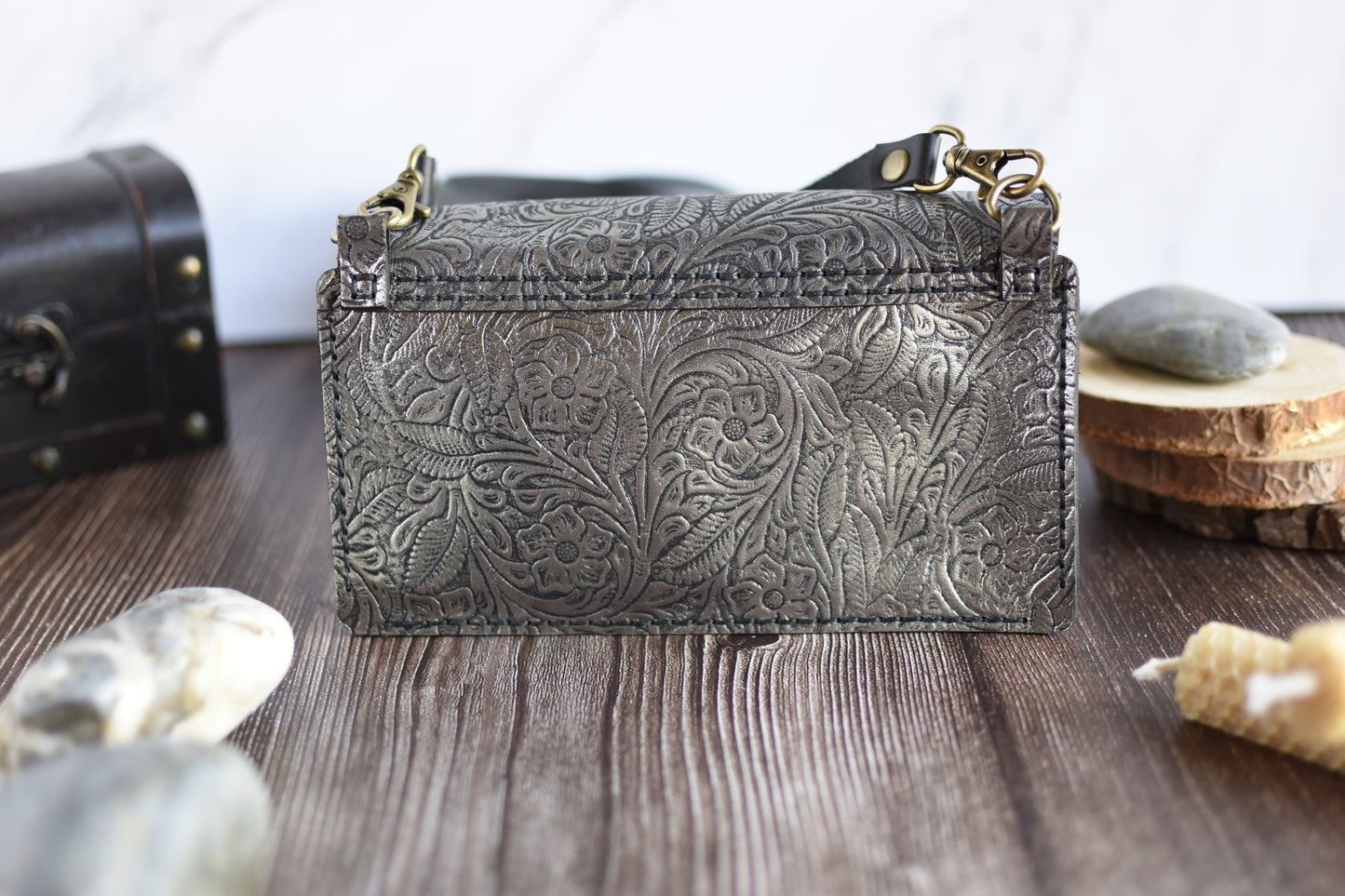 Metallic Embossed Leather Cell Phone Purse