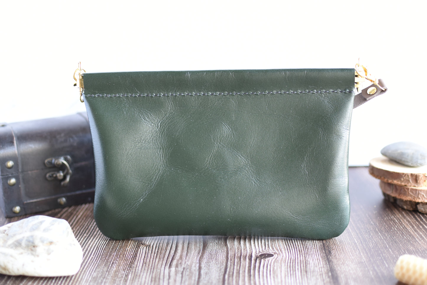 Spring Frame Small Hunter Green Leather Purse with adjustable crossbody Strap