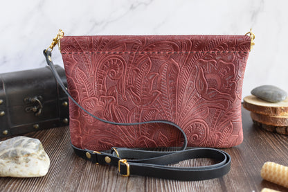 Spring Frame Brick Red Embossed Leather Purse adjustable crossbody Strap