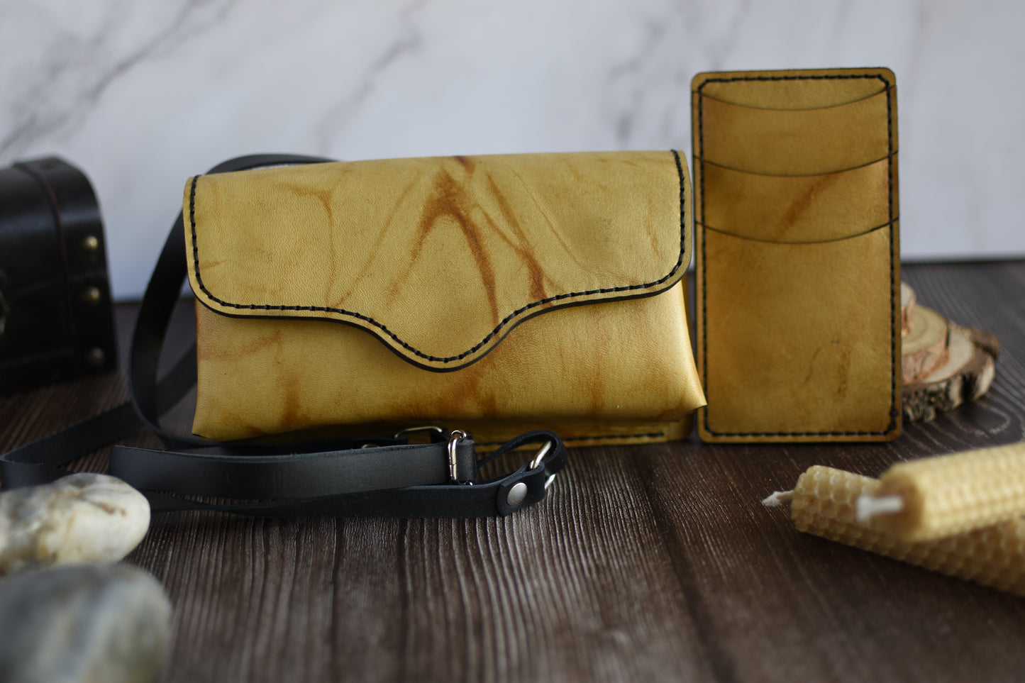 Yellow Marbled Leather Cell Phone Purse