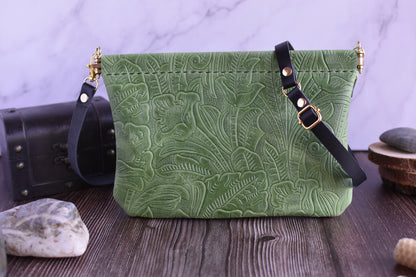 Spring Frame Small Green Embossed Leather Purse with adjustable crossbody Strap