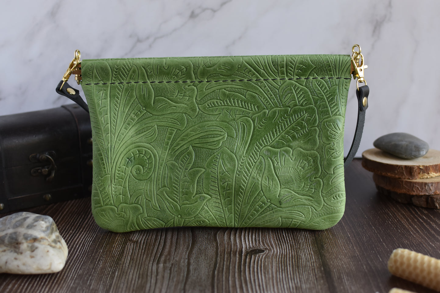 Spring Frame Small Green Embossed Leather Purse with adjustable crossbody Strap