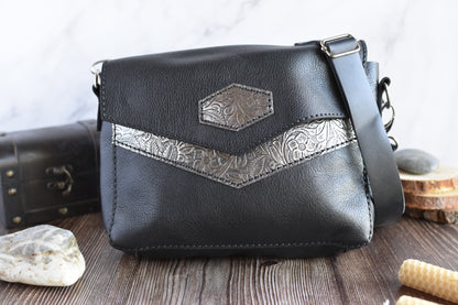 Black & Silver Leather Purse with adjustable strap