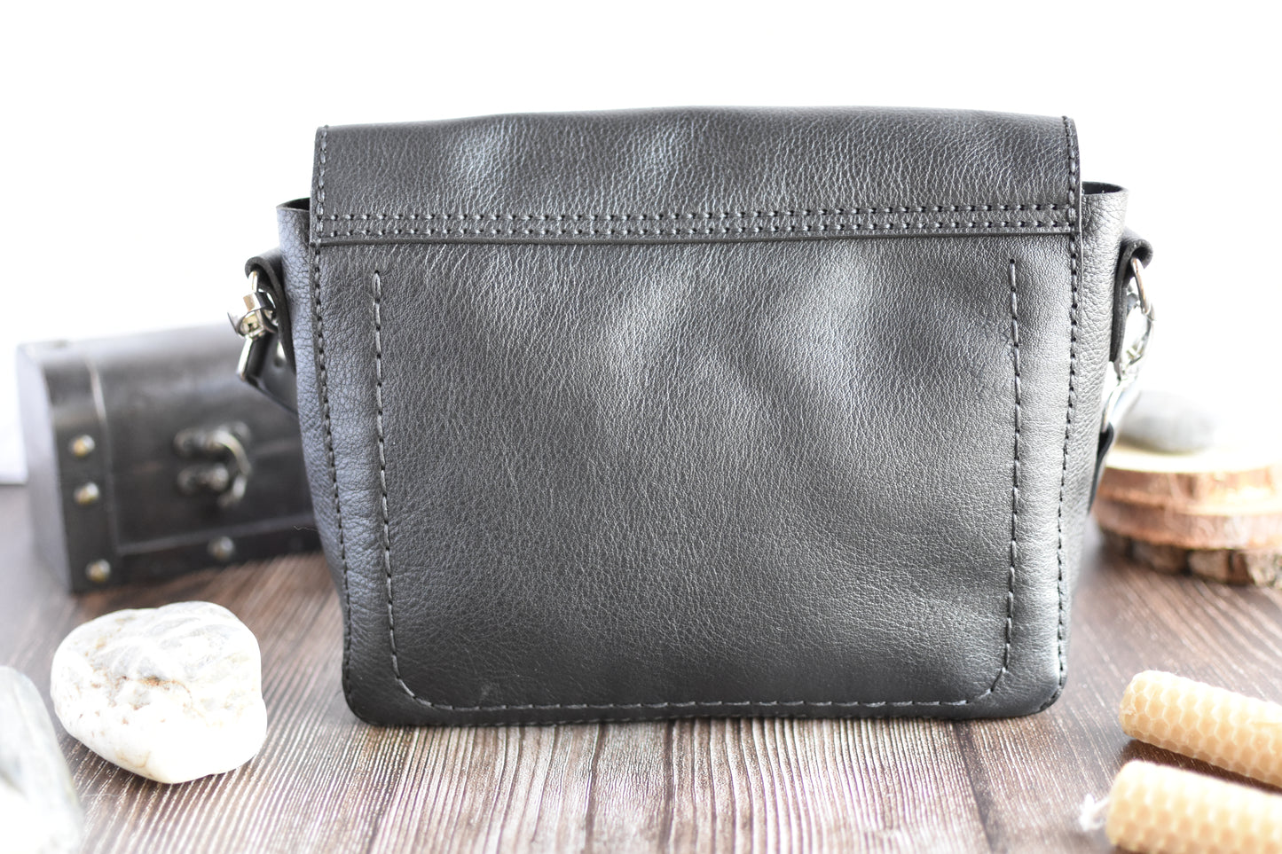 Black & Silver Leather Purse with adjustable strap