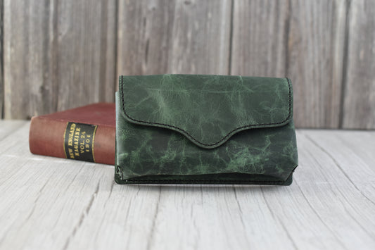 Green Handcrafted distressed green leather cell phone purse