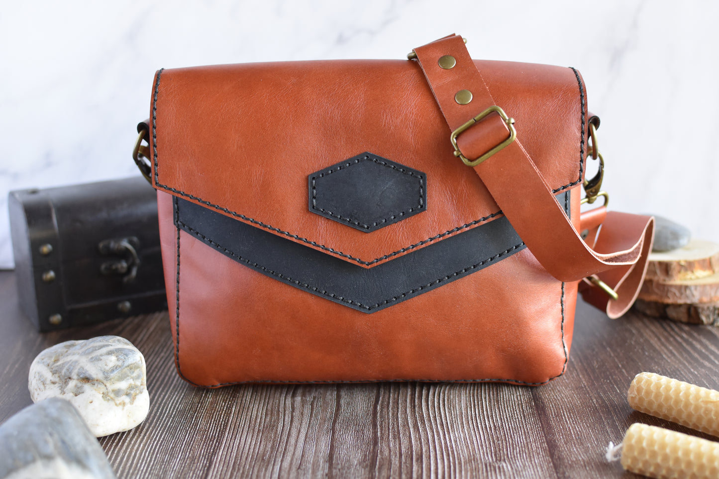 Light Brown & Black Leather Purse with adjustable strap