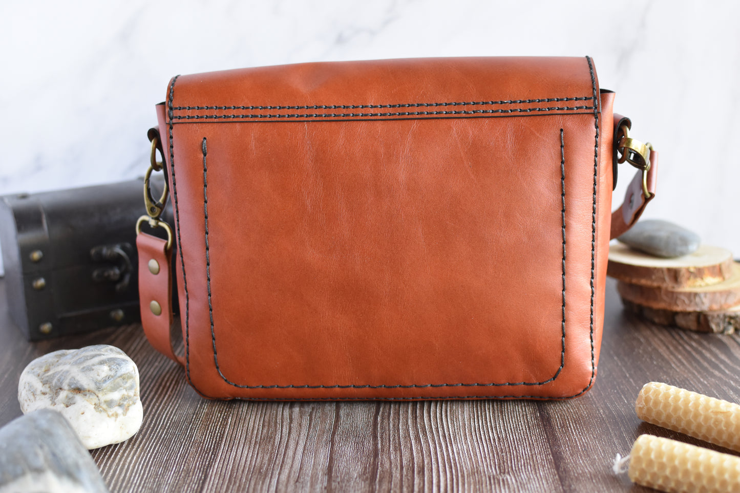 Light Brown & Black Leather Purse with adjustable strap