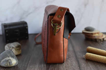 Light Brown & Black Leather Purse with adjustable strap