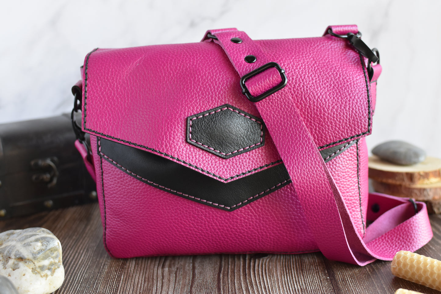 Pink & Black Leather Purse with adjustable strap