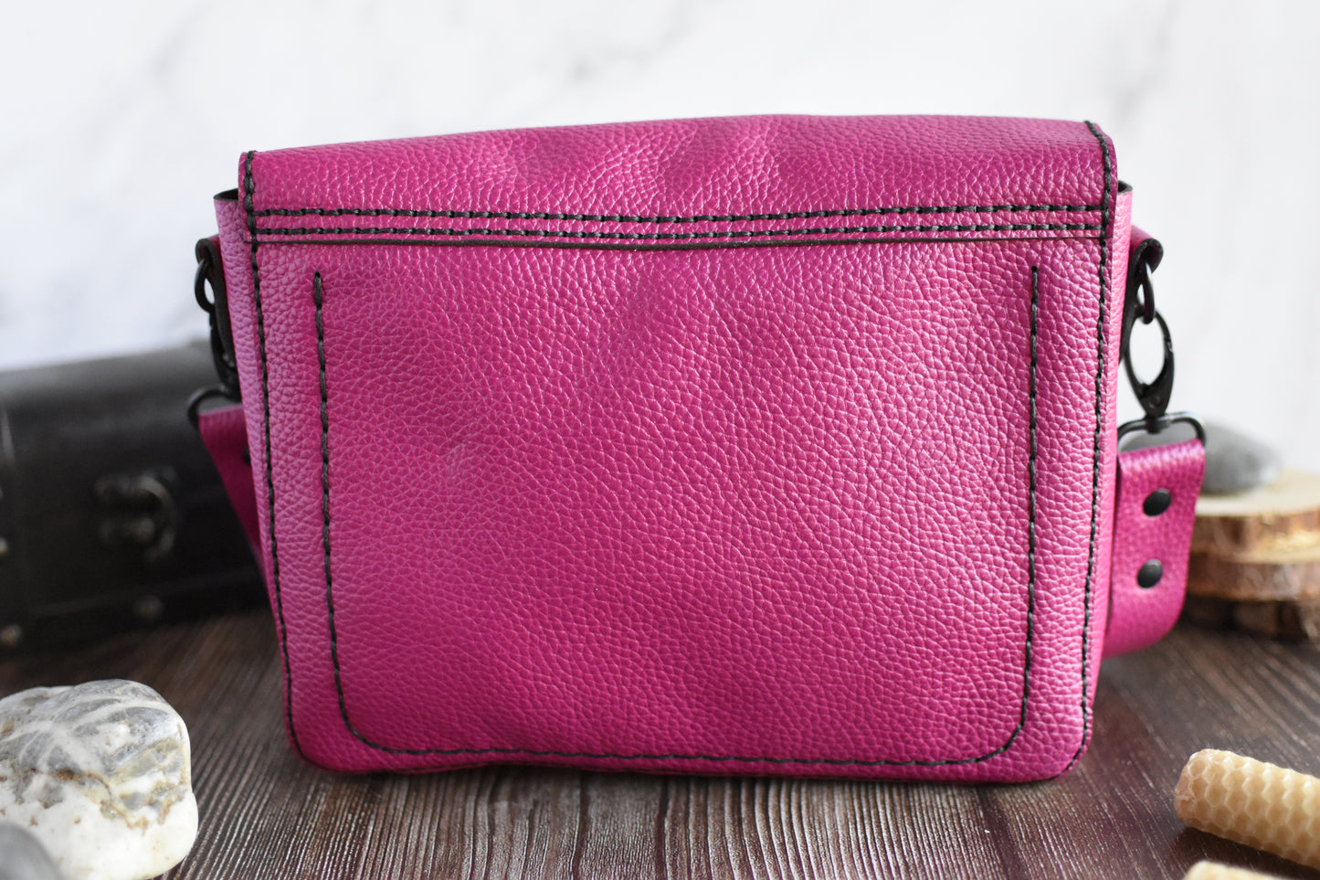 Pink & Black Leather Purse with adjustable strap