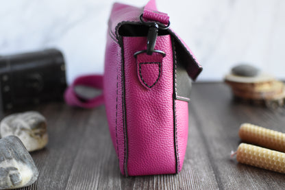 Pink & Black Leather Purse with adjustable strap