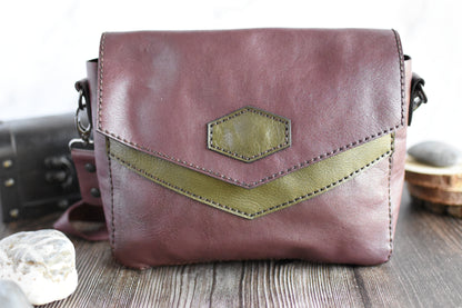 Brick Red & Green Leather Purse with adjustable strap