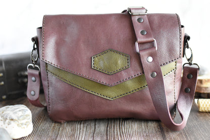 Brick Red & Green Leather Purse with adjustable strap