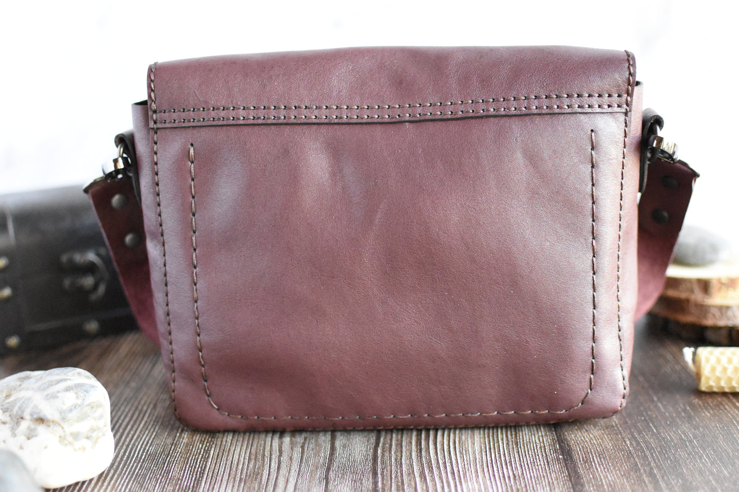 Brick Red & Green Leather Purse with adjustable strap