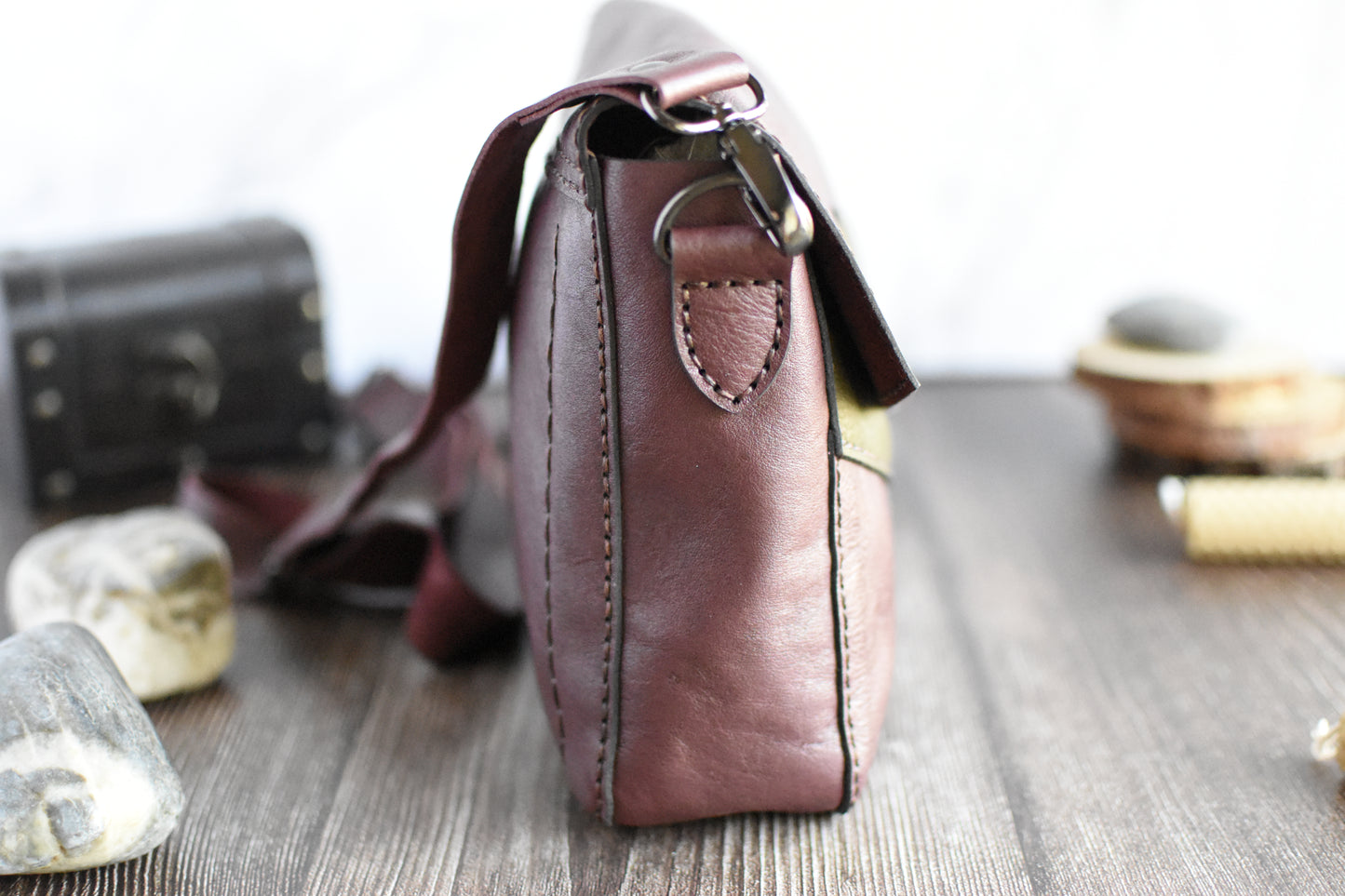 Brick Red & Green Leather Purse with adjustable strap