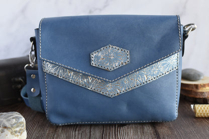 Blue & Silver Leather Purse with adjustable strap