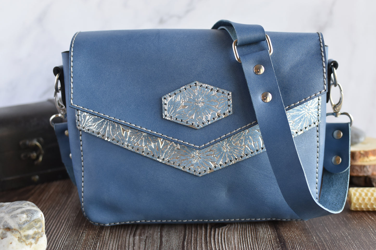 Blue & Silver Leather Purse with adjustable strap