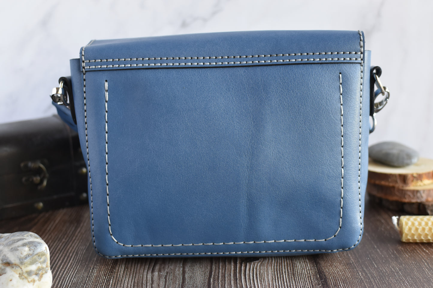 Blue & Silver Leather Purse with adjustable strap