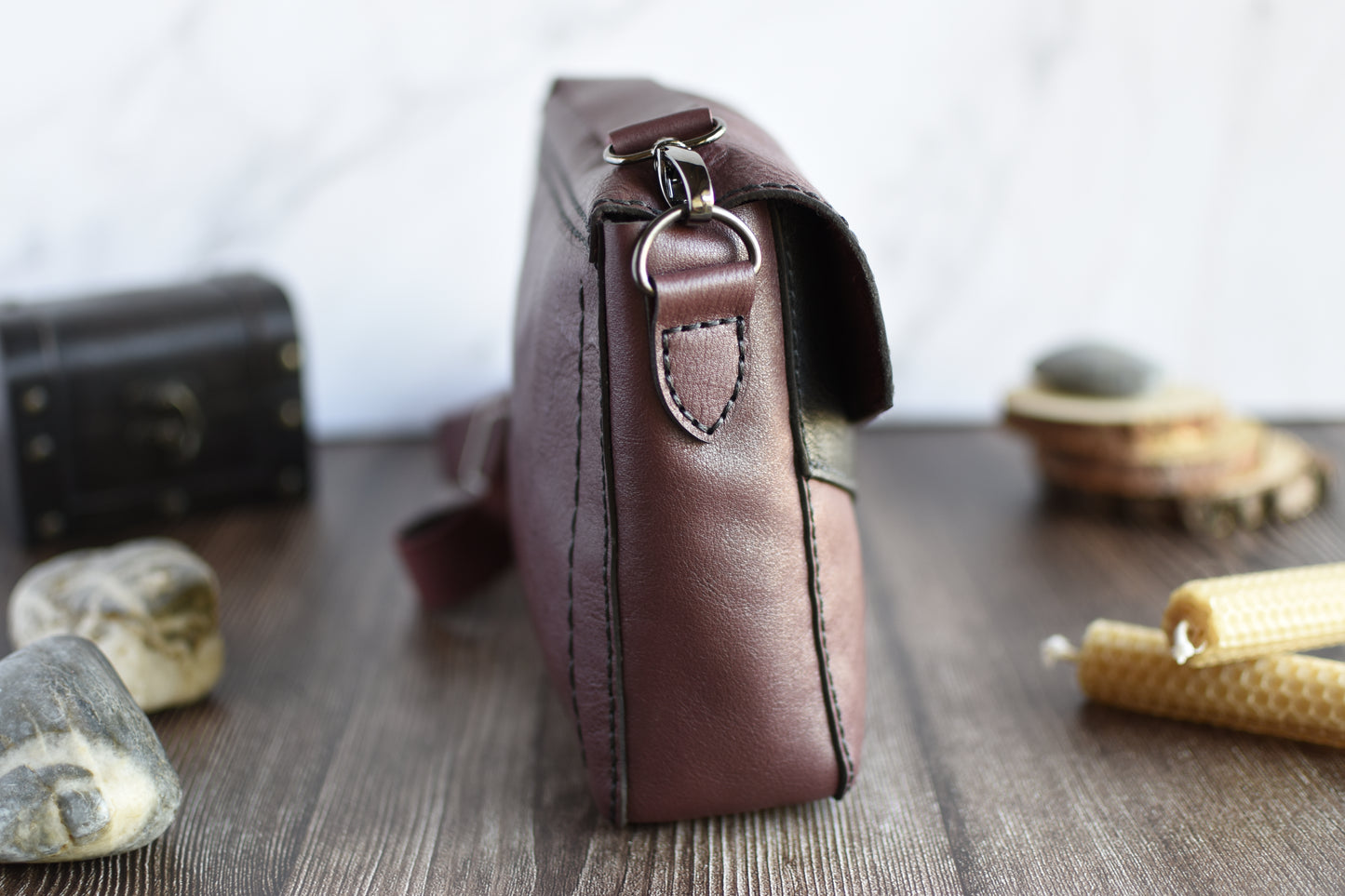 Brown & Black Leather Purse with adjustable strap