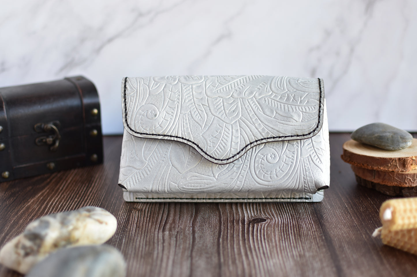 White Embossed Leather Cell Phone Purse