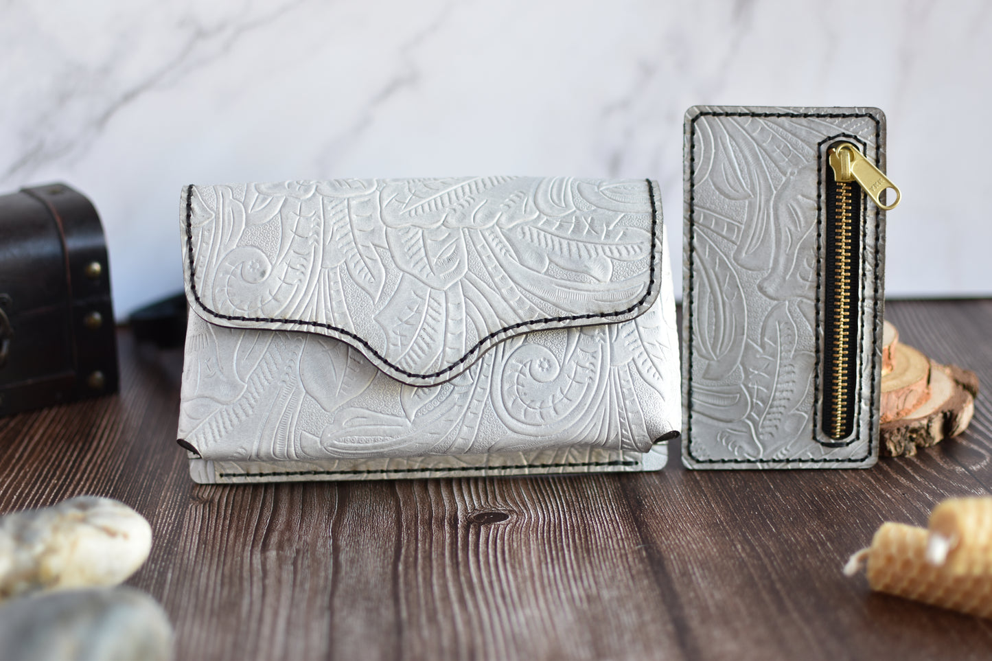 White Embossed Leather Cell Phone Purse