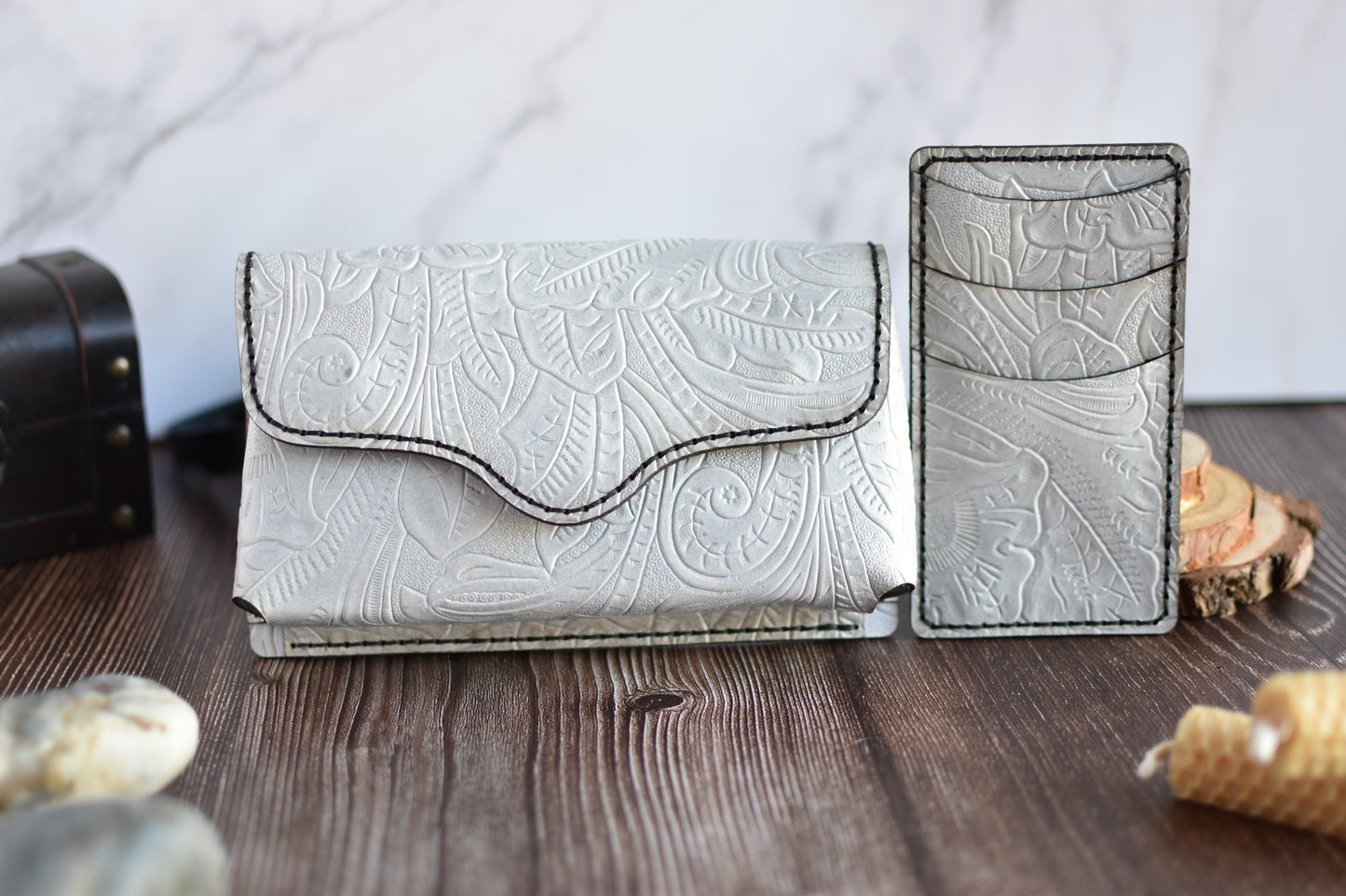 White Embossed Leather Cell Phone Purse