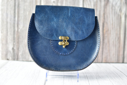 Handcrafted Navy Blue Leather Saddle Purse – Artisan Mini Crossbody Bag