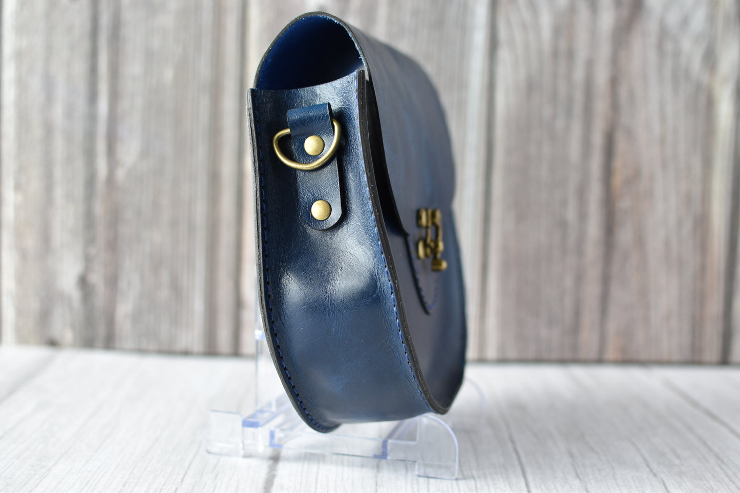 Handcrafted Navy Blue Leather Saddle Purse – Artisan Mini Crossbody Bag