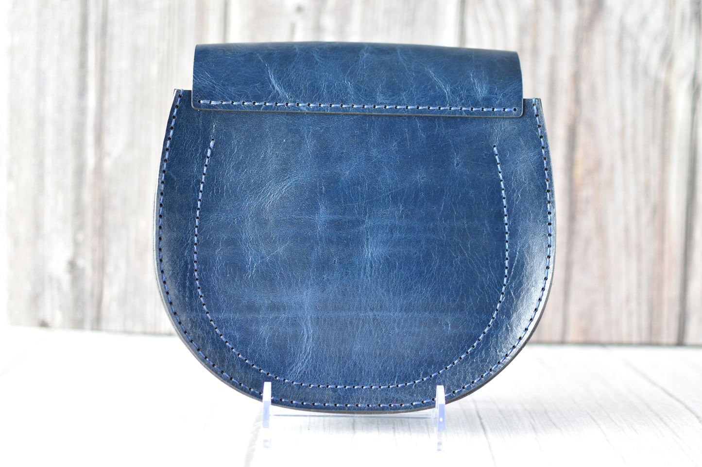 Handcrafted Navy Blue Leather Saddle Purse – Artisan Mini Crossbody Bag