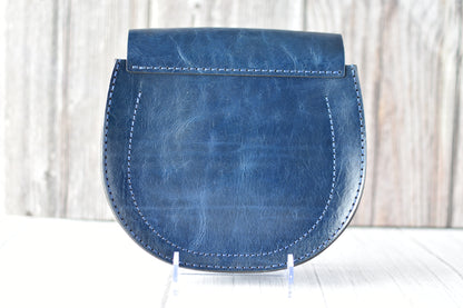 Handcrafted Navy Blue Leather Saddle Purse – Artisan Mini Crossbody Bag